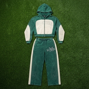 Ensemble de survêtement deux pièces pour femme avec sweat à capuche court zippé color block et pantalon de survêtement large orné de strass - Product Image 5