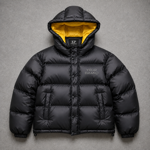 OEM Custom Black Hooded Puffer <b>Jacket</b> Men's Winter <b>Waterproof</b> Windproof <b>Padded</b> Coat Private Label Embroidered Zipper Front - Product Image 1