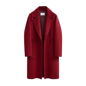 Red Wool Trench Coat Long Notched Lapel Double Button Solid Color Winter Women's Outerwear Minimalist Style Full Sleeve - Product Image 1