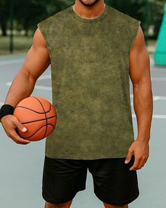 เสื้อกล้ามคอกลมสีเขียวมะกอกสำหรับผู้ชาย แบบสวมใส่สบาย ถักทอสีพื้น สำหรับเล่นกีฬา - Product Image 5