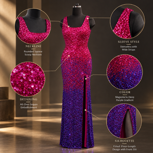 Fuchsia to <b>Purple</b> Sequined Evening Gown Sleeveless Wide Strap Scoop Neck Front Slit | Fitted Floor Length Sheath <b>Dress</b> for <b>Party</b> - Product Image 5