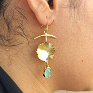 Modern abstract <b>earring</b> oval cut aqua chalcedony gemstone <b>dangle</b> drop <b>earring</b> 18k <b>gold</b> plated brushed finish texture <b>earrings</b> - Product Image 5