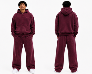Ensemble de survêtement streetwear pour homme personnalisé, comprenant un sweat à capuche zippé oversize en coton épais délavé bordeaux - Product Image 5