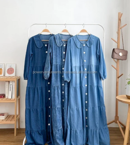 อาบายะผ้าเดนิมพรีเมียมสำหรับผู้หญิง ชุดเดรสยาวแบบเรียบร้อย สวมใส่สบาย สไตล์อิสลาม ทรงหลวมทันสมัย สีน้ำเงิน - Product Image 1