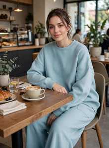 Conjunto Deportivo 2 en 1 para Mujer, Sudadera Holgada de Cuello Alto Azul Claro y Pantalones Anchos con Bolsillos Laterales para Invierno - Product Image 5