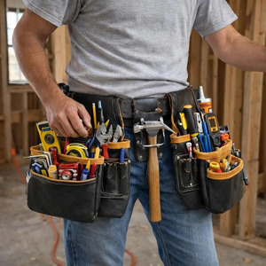 Organisateur d'outils de travail en cuir robuste avec plusieurs pochettes, sangle de ceinture durable, porte-marteau, matériel de qualité supérieure pour charpentiers - Product Image 1
