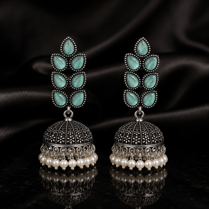 Luxury Oxidized Crystal Jhumka <b>Earrings</b> with Pearl | Vintage Floral Teardrop Statement <b>Earrings</b> | Ethnic Bridal Jewelry - Product Image 5
