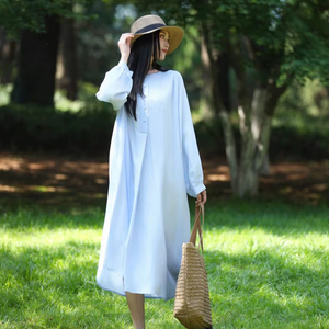 Robe longue décontractée pour femme, coupe classique, 100 % coton, manches longues, style minimaliste, été, écologique, tunique unie teinte - Product Image 1