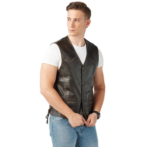 Men's Black Leather <b>Vest</b> V-Neck Zipper Closure Breathable Street Style Casual Outer Wear Regular Fit Winter - Product Image 2
