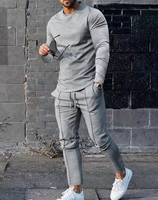 Men's Gray Long Sleeve Hoodie Pants Set Crew Neck Solid Color Casual Athletic Knitted Breathable Quick Dry Comfortable Summer