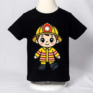 T-shirt noir à manches courtes avec imprimé de dessin animé de pompier sur le devant, logo, style décontracté pour homme, en coton tricoté - Product Image 4