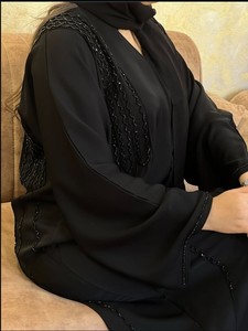 Elegant Black Beaded Abaya <b>Long</b> Sleeve Floor Length Modest <b>Dress</b> <b>For</b> Women Daily Wear All Seasons Middle East Style - Product Image 5