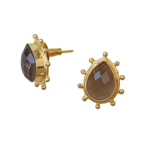 Pendientes de tuerca clásicos geométricos de cuarzo ahumado con engaste de latón chapado en oro, hechos a mano, para aniversario, de gran impacto. - Product Image 2