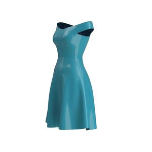 Off Shoulder Teal PU Mini <b>Dress</b> A-Line Fitted Sleeveless Solid Color Party Wear Summer Sexy Style - Product Image 4