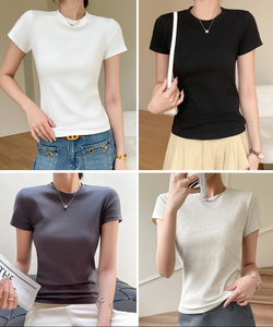 เสื้อยืดแขนสั้นคอกลมสีทึบสำหรับผู้หญิงทรงเข้ารูปลำลองผ้าฝ้ายเจอร์ซีย์สวมใส่ได้ในฤดูใบไม้ผลิฤดูร้อน - Product Image 5