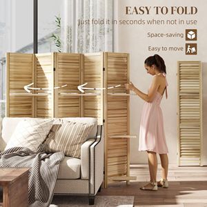 Handcrafted 5 Panel 67\" Tall Wood Privacy <b>Screen</b> Room Divider with 3 Shelves and <b>Folding</b> Storage Natural Wood for Bedroom - Product Image 5