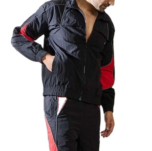 windbreaker suit black red colorblock nylon crinkle Fabric custom embroidery colorblock Windbreaker Sports Fashion anorak suit - Product Image 6
