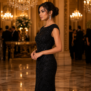 Vestido de noche de sirena negro de lujo con cuentas hechas a mano |   Vestido de Fiesta Formal para Mujer, Premium, con Lentejuelas Bordadas, Cuello Corazón, Transpirable - Product Image 3