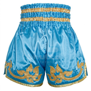 กางเกงมวยไทยปักลายด้านหน้าสีฟ้าและสีทองแบบ OEM สำหรับมืออาชีพ กางเกงคิกบ็อกซิ่งสำหรับยูนิเซ็กซ์ กางเกงมวย MMA - Product Image 2