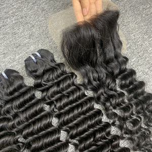 Extensiones de cabello humano crudo de onda profunda Natural vietnamita paquete trama 100g doble dibujado un cierre de tejido de cabello de donante - Product Image 1