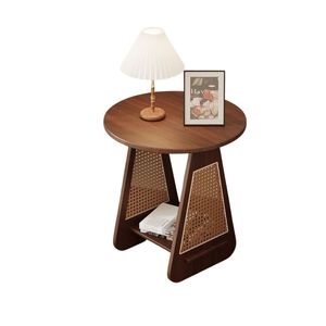 Round Wood Side <b>Table</b> Accent Ottoman Rattan Panel <b>Sofa</b> <b>End</b> <b>Table</b> Living Room - Product Image 2