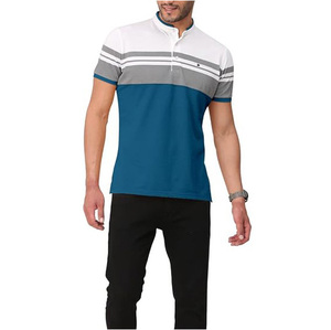 เสื้อโปโลแขนสั้นผู้ชายลายทางสีตัดต่อ ทรงปกติ สวมใส่สบาย สีมัสตาร์ด เทา ขาว ผ้าถัก - Product Image 2