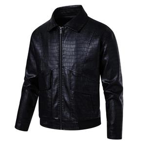 Veste en cuir PU pour homme, style motard, col rabattu, fermeture éclair, motif crocodile embossé, vêtement d'automne - Product Image 1
