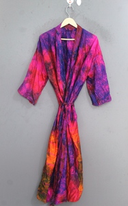 Women Silk Breathable Knee-Length Kimono Robe Floral Print Vintage <b>Wrap</b> Three Quarter Sleeve Drawstring Closure Summer Night - Product Image 6