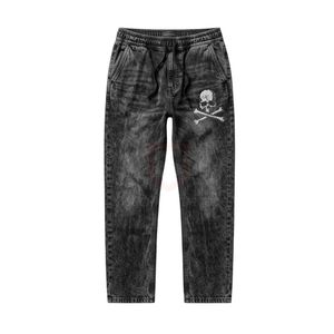 Pantalon pour homme durable, gris foncé, en denim délavé à l'acide, style vintage, coupe droite, streetwear urbain, en coton épais - Product Image 3