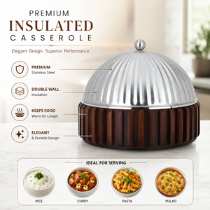 Casserole isotherme à double paroi en acier inoxydable de qualité supérieure avec base en bois nervuré, bol de service de qualité alimentaire pour la maison - Product Image 2