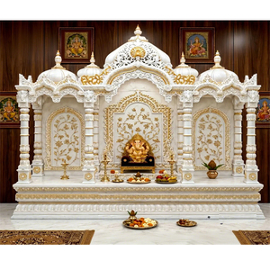Mandir de Pooja Tradicional Hindú Personalizado con Acabado Blanco y Dorado de Primera Calidad, con Aspecto de Mármol, en Madera de Teca Sólida con Cúpulas - Product Image 1