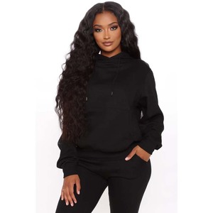 Sweat-shirt à capuche noir pour femme, manches longues, tricoté, 100% coton, couleur unie, respirant, vêtements d'automne - Product Image 1