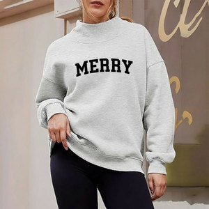 Custom Printed Knitted Fleece Discharge <b>Drop</b> Shoulder Oversize Stand Collar Women's Sweatshirts High Quality Eco-Friendly Autumn - Product Image 4