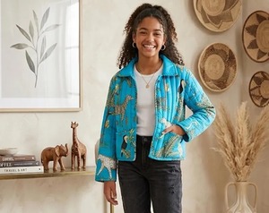 Veste matelassée réversible en coton pour filles, imprimé animal, poche avant tricotée, manches trois quarts, col rabattu - Product Image 4