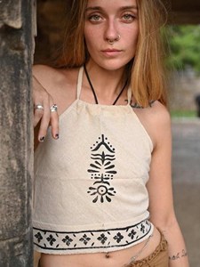 Handcrafted Tribal Block Print Brown Cotton Halter Crop <b>Top</b> Bohemian <b>Festival</b> Wear Eco-Friendly Organic Khadi Sleeveless <b>Top</b> - Product Image 4
