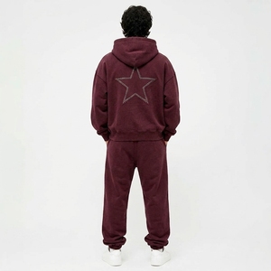 Men 2 Piece Lounge Tracksuit Set Oversized Hoodie Jogger Star Cross Patch Heavy Fleece Soft Custom OEM Wholesale Manufacturer - Product Image 3