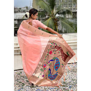 Vestidos de Noche Elite Weaves, Color Rosa Bebé, Organza Paithani, Saree Tejido con Zari, 450g - Product Image 5