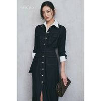Robe midi trapèze ceinturée à col contrastant, manches longues, boutonnée sur le devant, découpes, taille naturelle, unie, décontractée, tenue de travail pour femme [V9039]