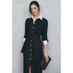 Robe midi trapèze à col contrastant et ceinture, manches longues, boutonnée sur le devant, découpes, style décontracté et professionnel pour femme [V9039] - Product Image 3