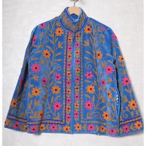Chaqueta Azul con Bordado Floral a Mano, Cuello Mandarín, Manga Larga, Algodón, Estilo Prairie Chic para Mujer, Abrigo de Primavera - Product Image 1