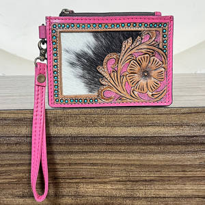 กระเป๋าใส่บัตรใบเล็กหนังลายดอกไม้สีชมพูน่ารัก คุณภาพสูง สายคล้องข้อมือหนังวัวลายดอกไม้ ใส่บัตร ATM และเหรียญได้ - Product Image 2