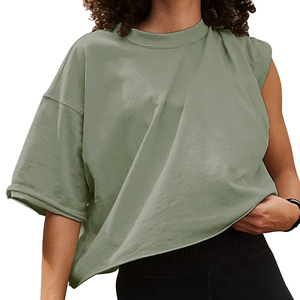 PUFFIN SPORTS Custom OEM Women's Oversized <b>Crop</b> <b>Top</b> Cap Sleeve Solid Color Knitted Loose Fit Breathable Spring Summer Style - Product Image 5