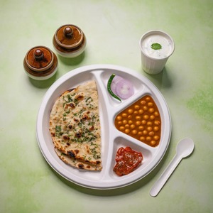 Assiette ronde jetable en bagasse de 11 pouces à 4 compartiments, en pulpe de canne à sucre, compostable pour plats à emporter et buffets - Product Image 6