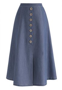 Jupe midi en jean pour femme, coupe trapèze, couleur unie, boutonnée sur le devant, en coton délavé, style décontracté, coupe ample, printemps - Product Image 6