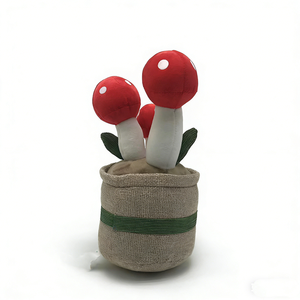 Décoration en peluche personnalisée en forme de champignon à pois rouges et blancs, avec accents de feuilles en tissu de velours côtelé vert foncé. - Product Image 1