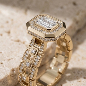Joyería Masculina de Alta Gama RAAMAA, Anillo de Eslabones Gruesos con Corte Esmeralda, Engaste Halo con Diamante de Laboratorio CVD VS EF, Oro Blanco y Oro Rosa - Product Image 2