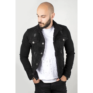 Men's Black Denim <b>Jacket</b> <b>With</b> Faux Fur <b>Lining</b> Turn-down Collar Single Breasted Casual Autumn Slim Fit Woven Washed Style - Product Image 1