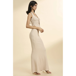 Ensemble coordonné haut court texturé à col halter et jupe longue beige crème - Product Image 2