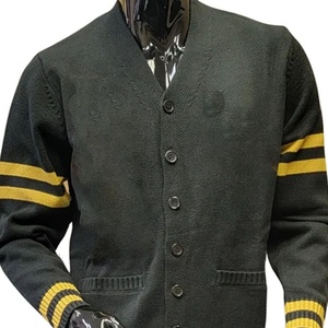 University Custom <b>Men</b> Knitted <b>Cardigan</b> Sweater <b>Black</b> Yellow Varsity V-Neck OEM Striped Sleeve <b>Mens</b> college style knitwear - Product Image 2