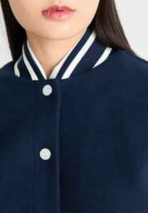 Women's Navy Blue Varsity <b>Jacket</b> Knitted Viscose Solid Color Preppy Style Stand Collar <b>Short</b> <b>Sleeve</b> Regular Fit Autumn Wear - Product Image 5